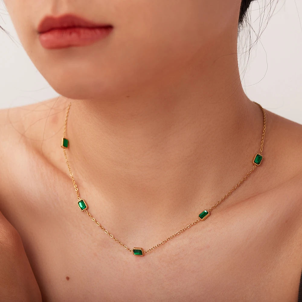 Uworld Dainty 14k Gold Plated Jewelry Green Cubic Zirconia Necklace Stainless Steel Rectangle Choker Necklace for Women