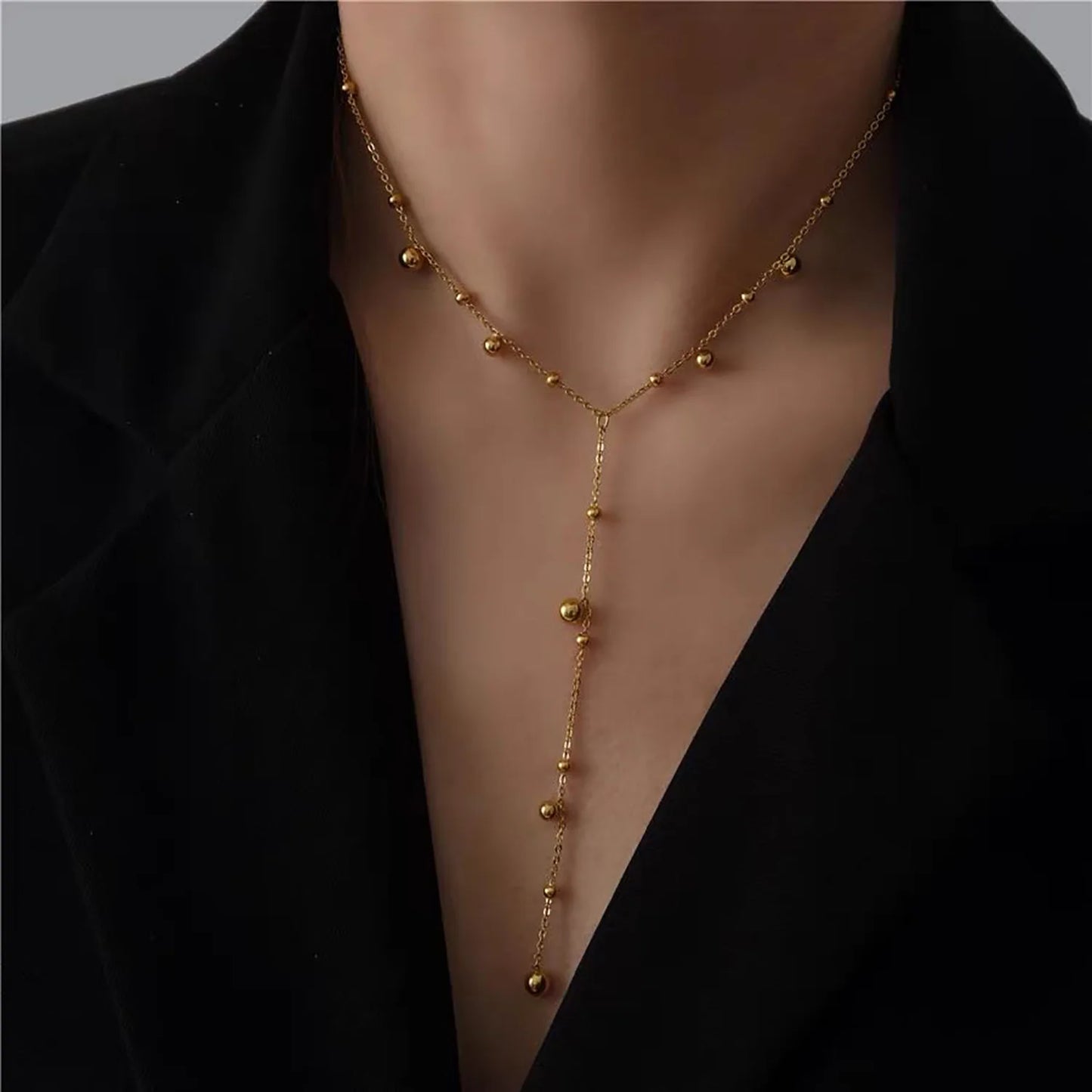 Uworld INS Popular 18K Gold Plated Long Tassel Bead Chain Choker Gift Stainless Steel Round Bead Tassel Charm Necklaces for Wome